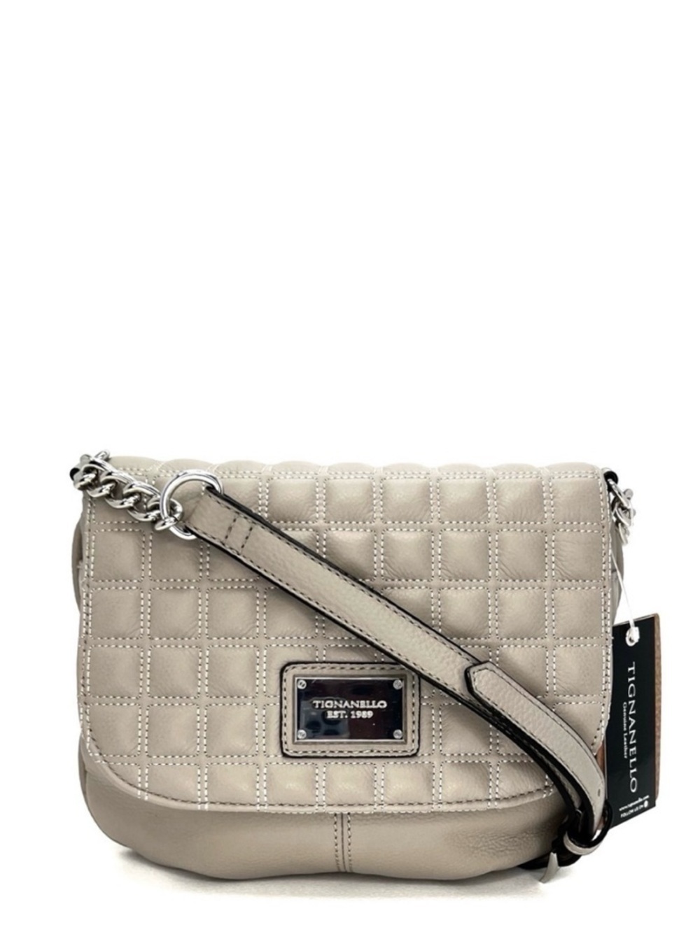 Tignanello Lady Q Quilted Flap Crossbody Dove Gray Leather Chain Bag New NWT